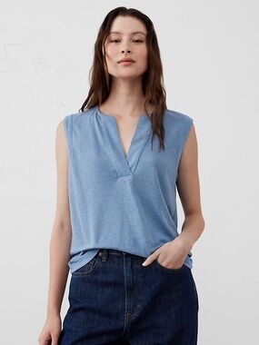 Banana Republic LINEN-BLEND SPLIT-NECK TANK EUC Size M•PTP 21-25